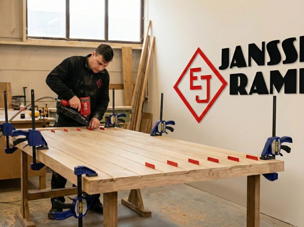 Ambachtelijke productie van ramen in het atelier van Janssen Ramen met professionele gereedschappen.