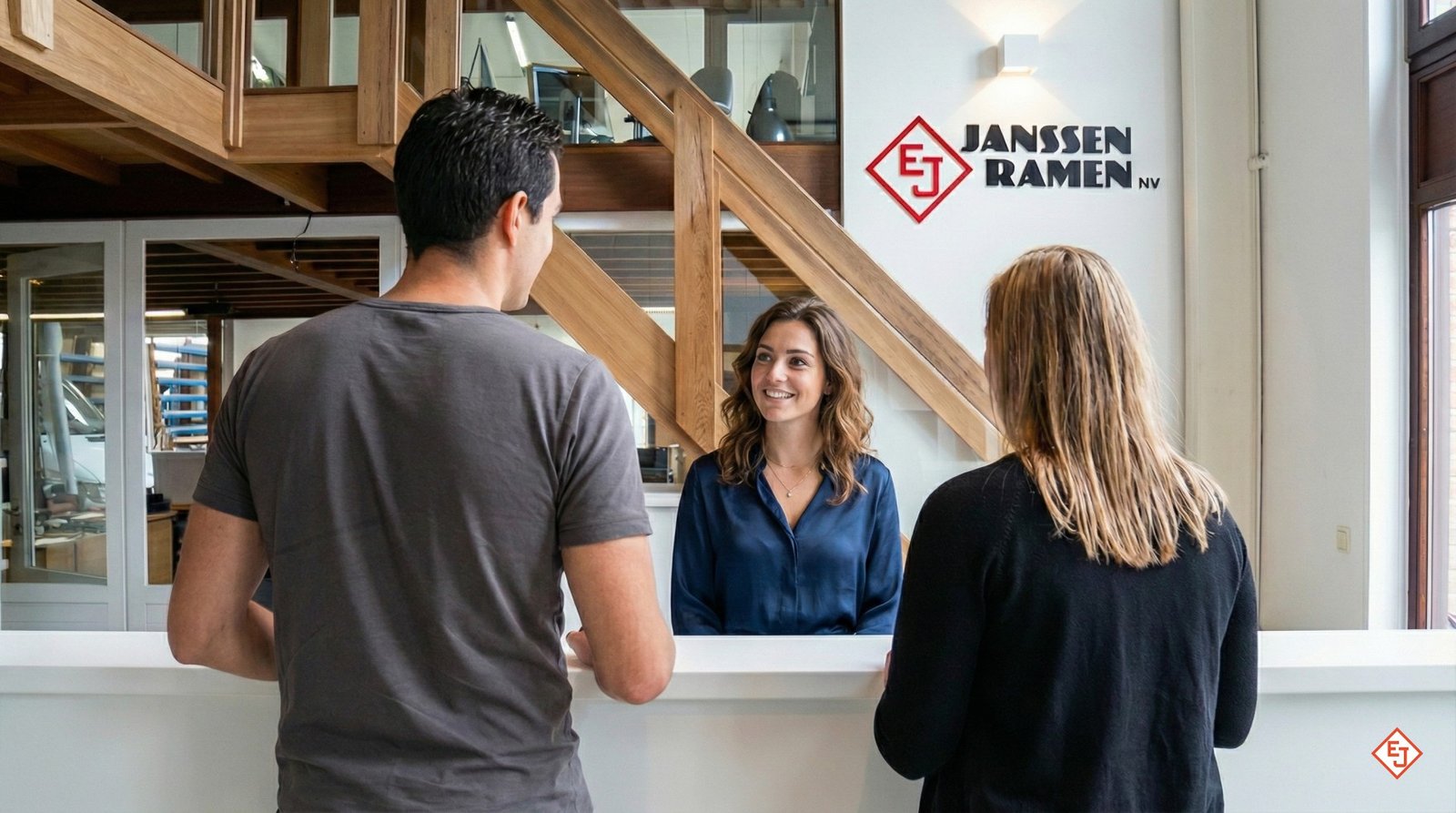 Klanten worden hartelijk ontvangen aan de balie van Janssen Ramen en Deuren.