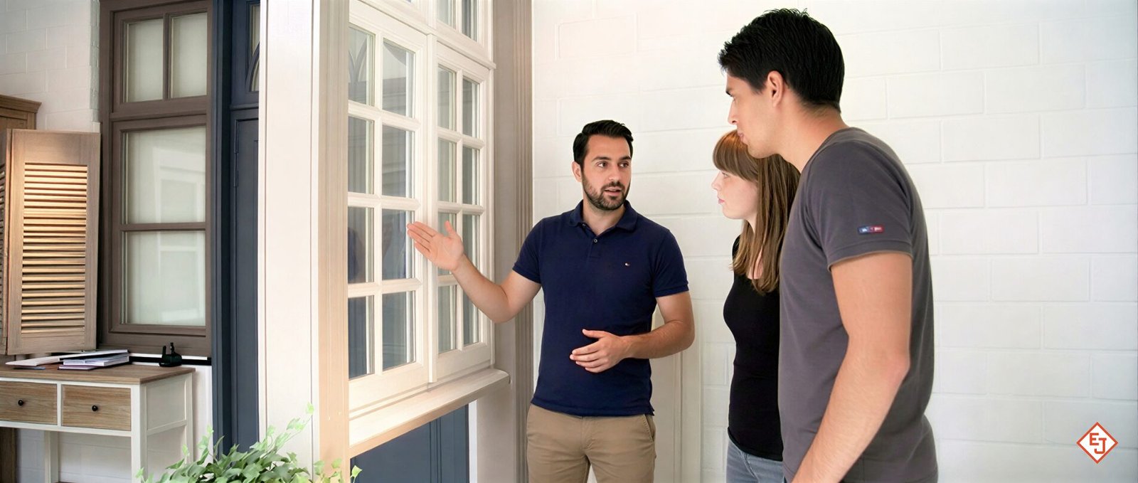 Een adviseur van Janssen Ramen geeft in de toonzaal uitleg over een wit raam met kruishouten aan een geïnteresseerd koppel tijdens een persoonlijk adviesgesprek.